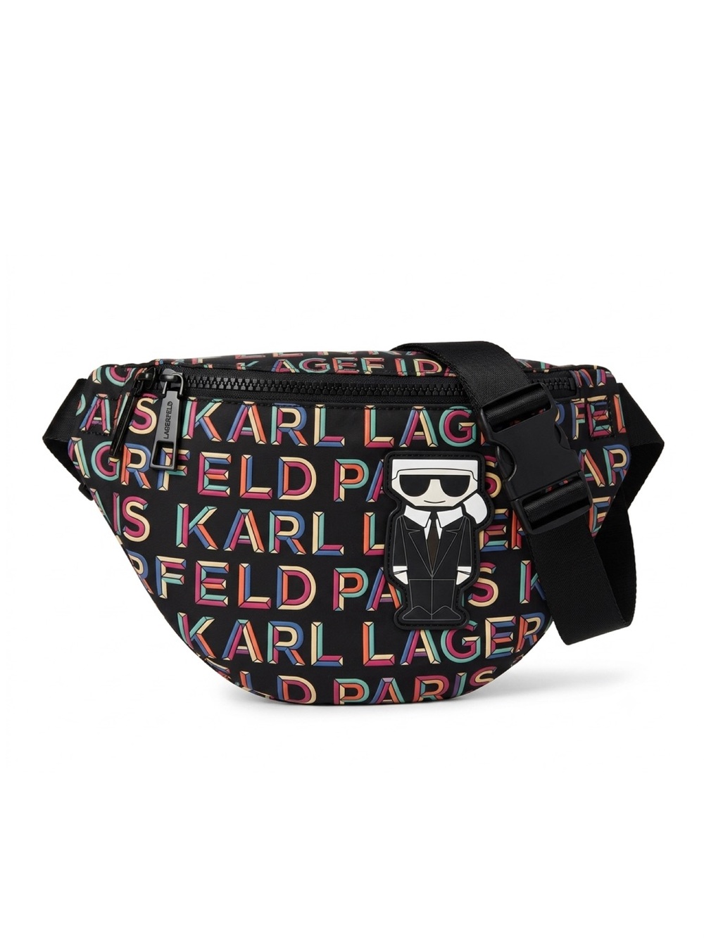 KARL LAGERFELD Black Logo Print Belt Bag with Multicolor Lettering